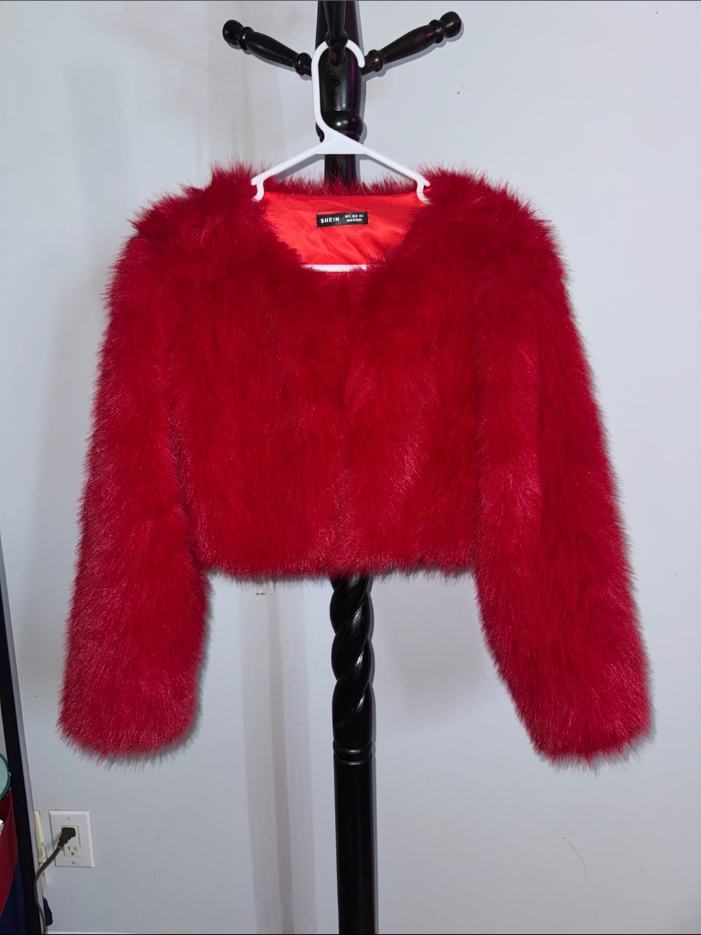 Cropped Red Faux Fur Coat